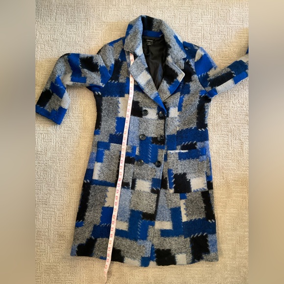 💙🖤 Alison Sheri Women Wool Blend Double Breasted Pea Coat Patchwork M EUC - Picture 7 of 8